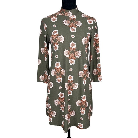As U Wish Women's Olive Green Floral Knee Length Dress Size Large Mock Neck - Picture 1 of 8